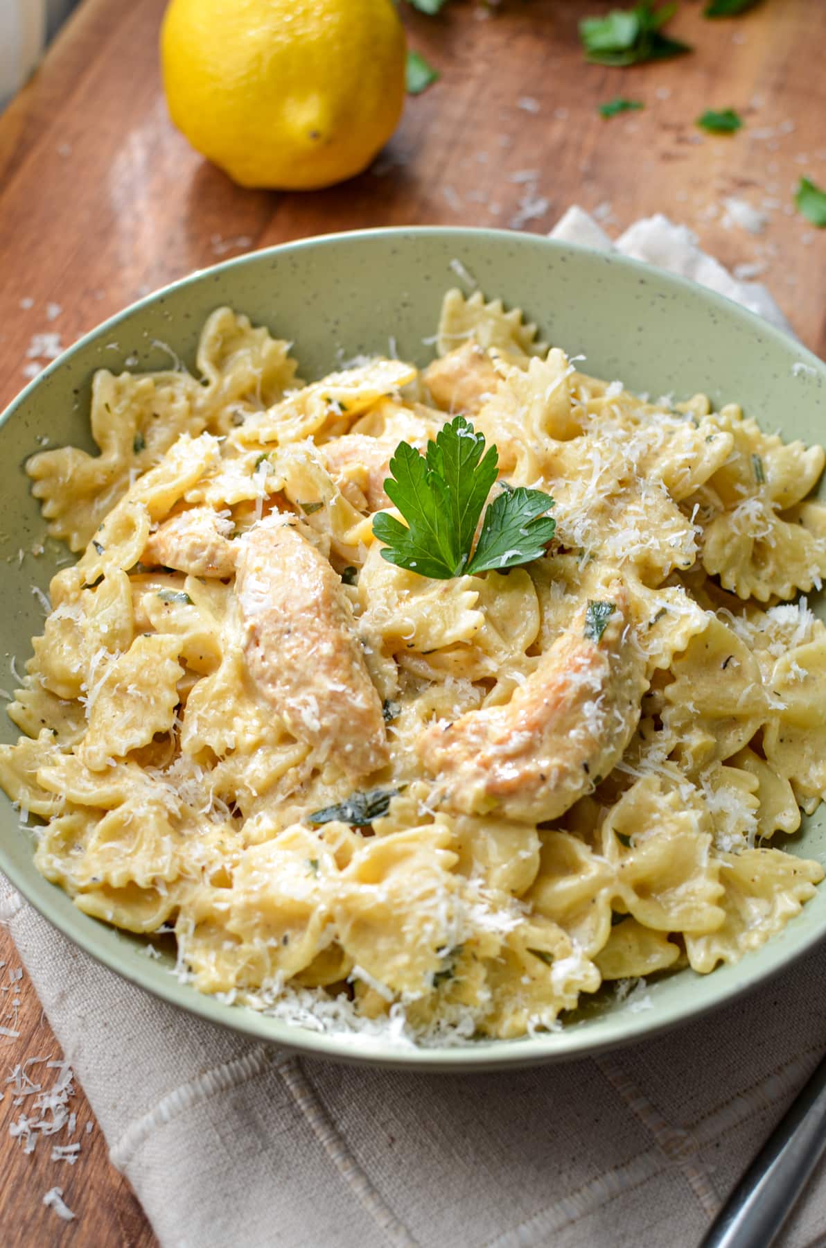 A bowl of farfalle with a lemon cream sauce.