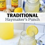 A glass of haymaker's punch with lemon.