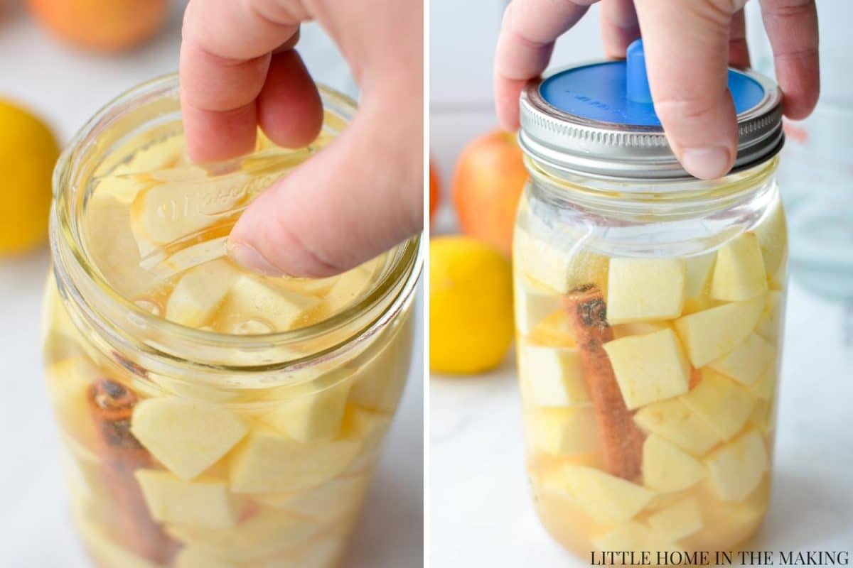 Adding a fermentation weight and pickle pipe to a jar of fruit.