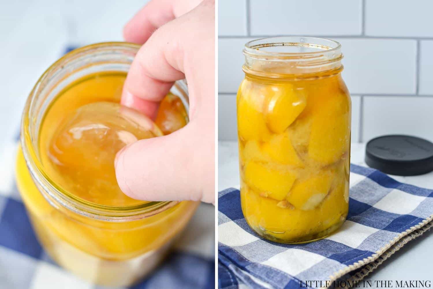 Removing a fermentation weight from preserved lemons.