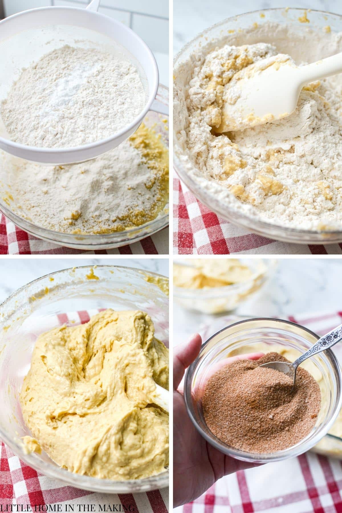 Sifting flour into a bowl, and then folding it in.