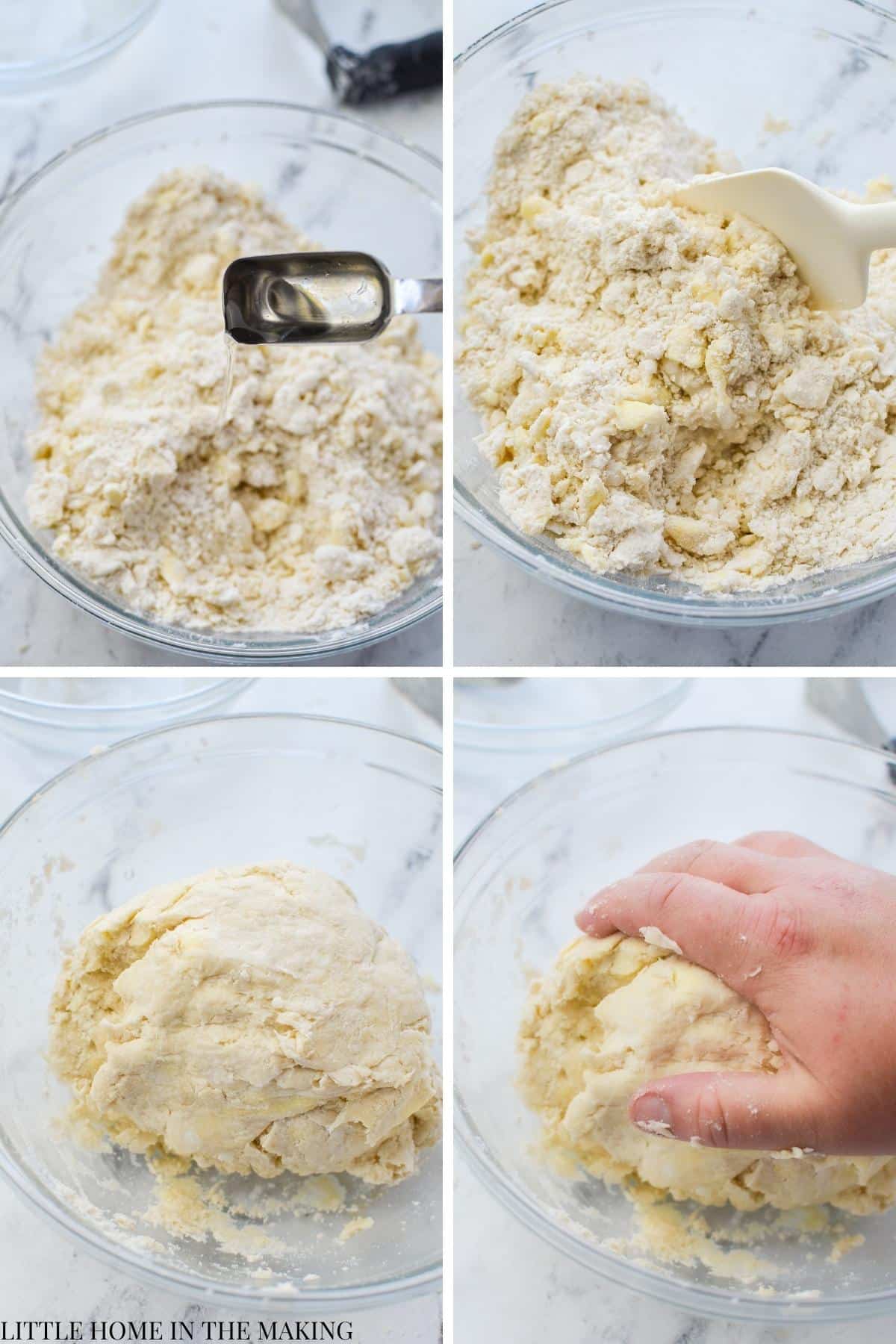 Adding water to form a pie dough.