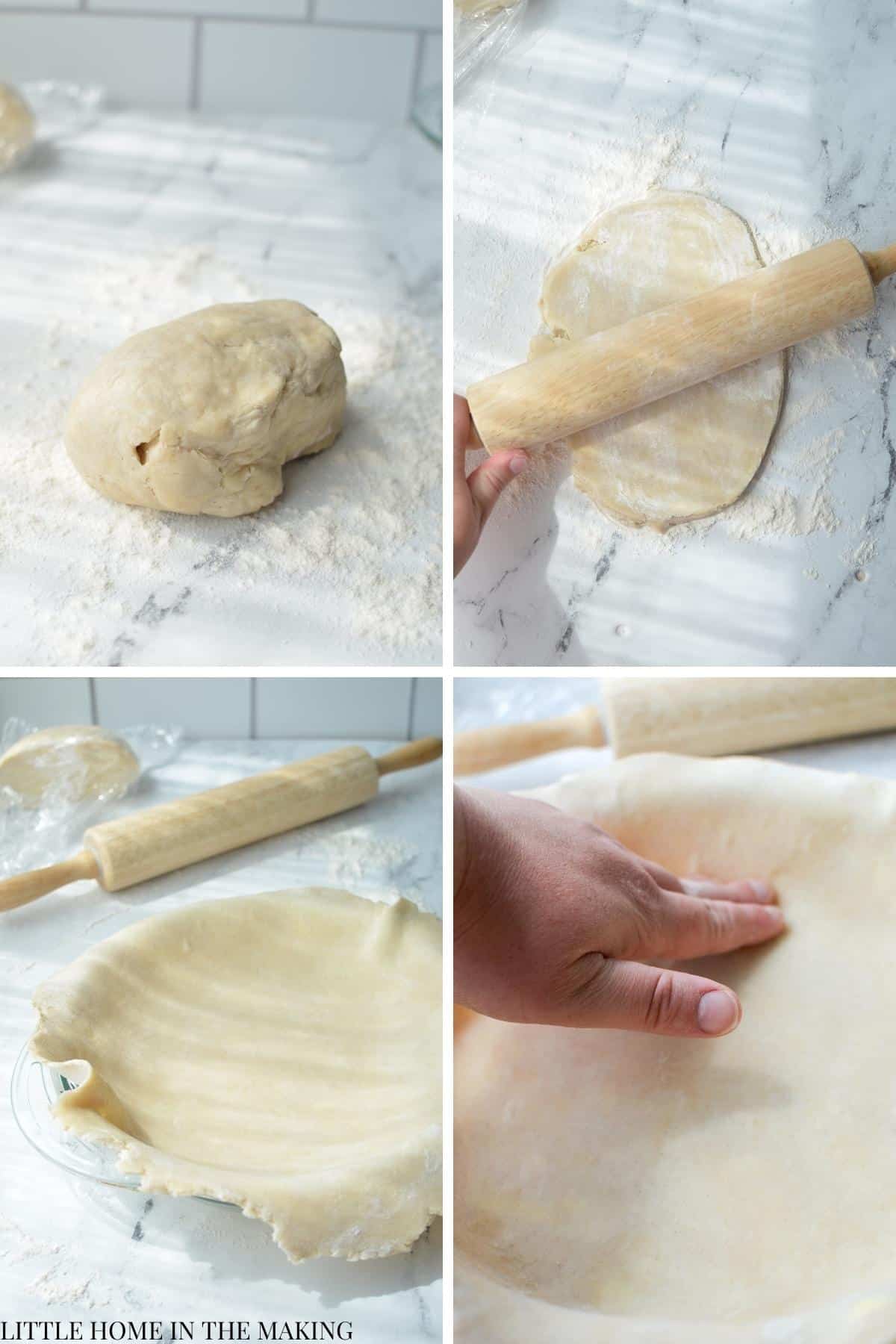 Rolling pie crust out and fitting it into a pan.