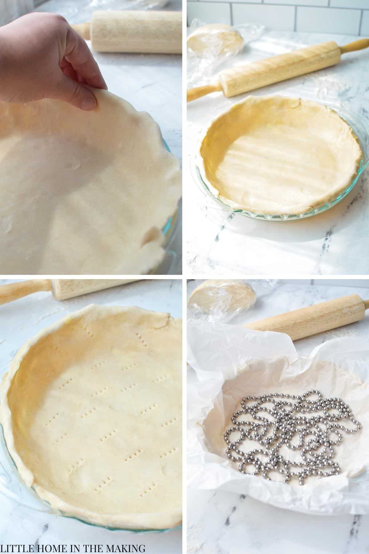 Fitting a pie dough into a pie plate and baking.