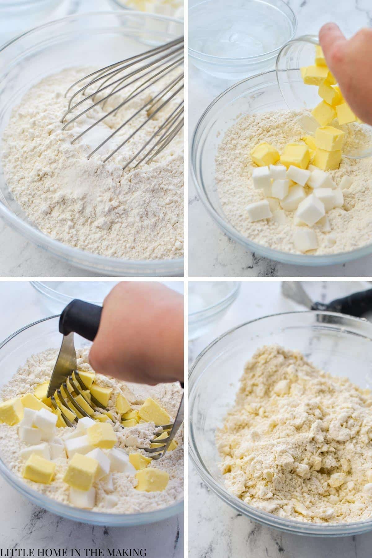 Cutting fat into flour to make a pie dough.