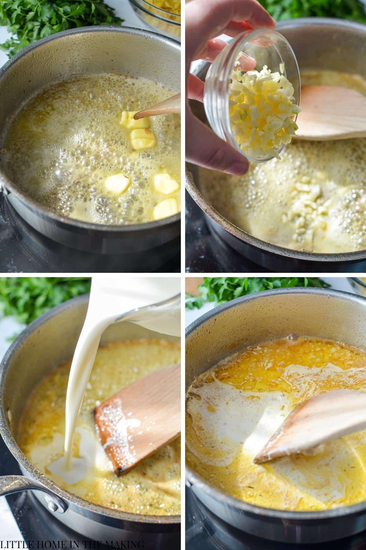 Adding butter, garlic, and cream to a pan to make a sauce.