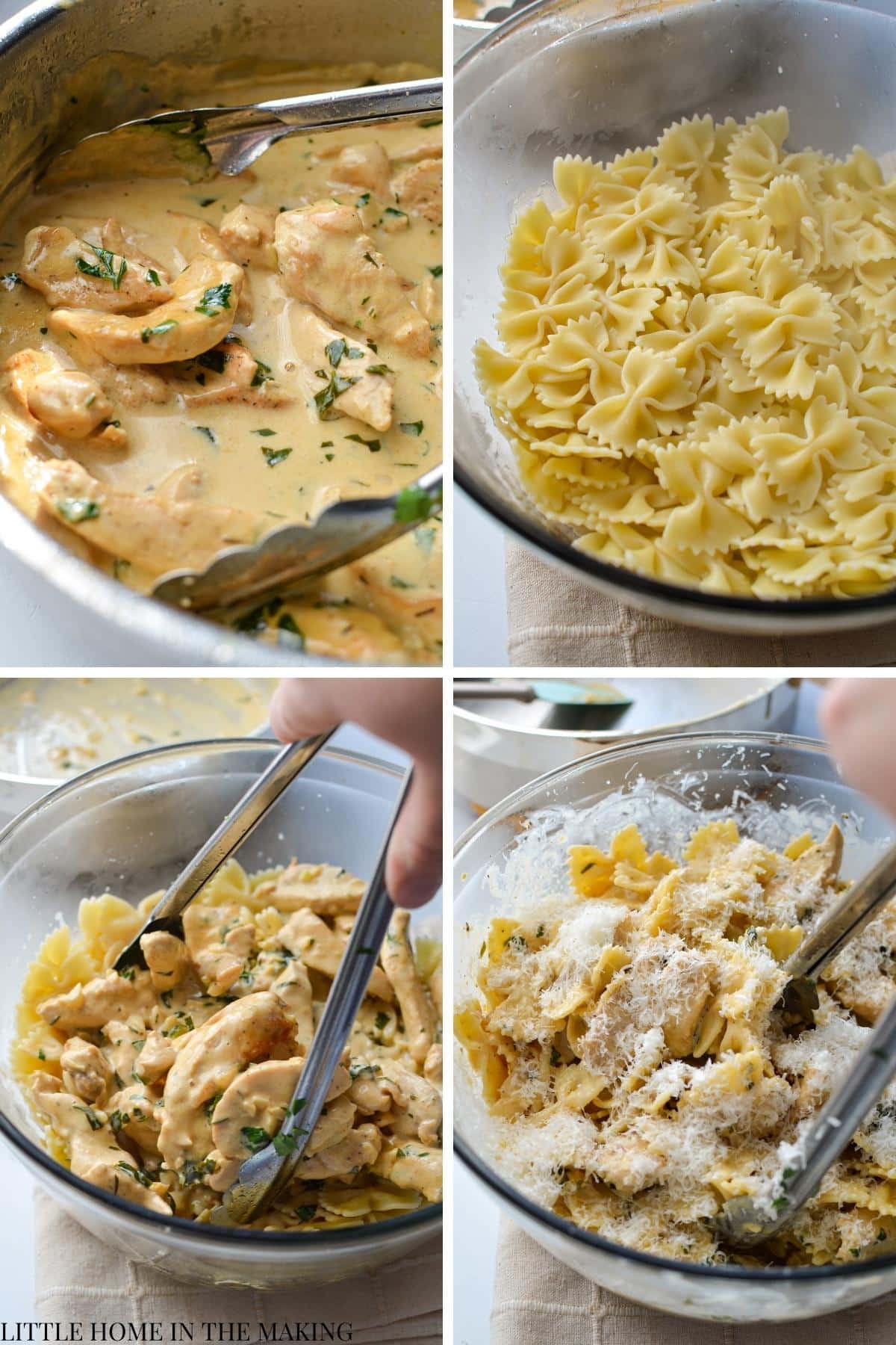 Combining chicken, sauce and pasta to make a delicious main dish.