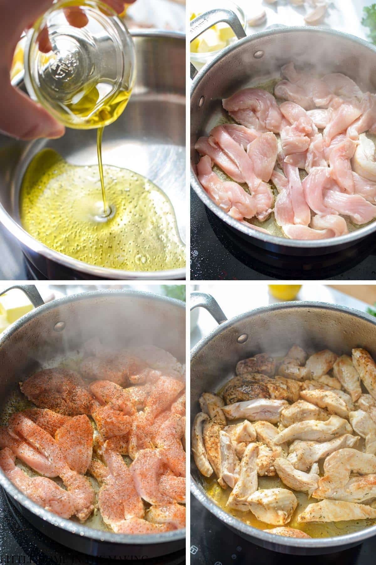 Cooking chicken pieces in oil with seasoning.