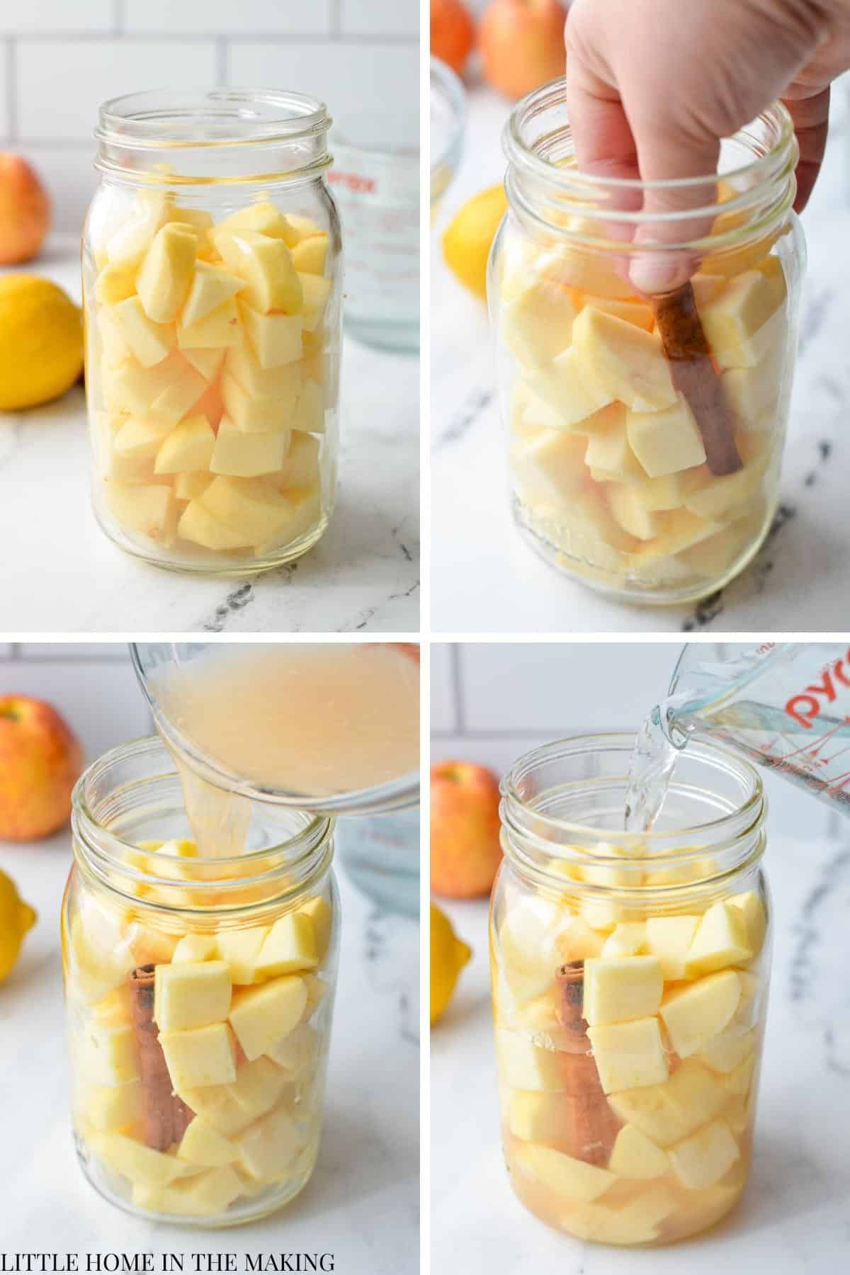 Adding apples to a jar and finishing with a cinnamon stick and fermentation brine.