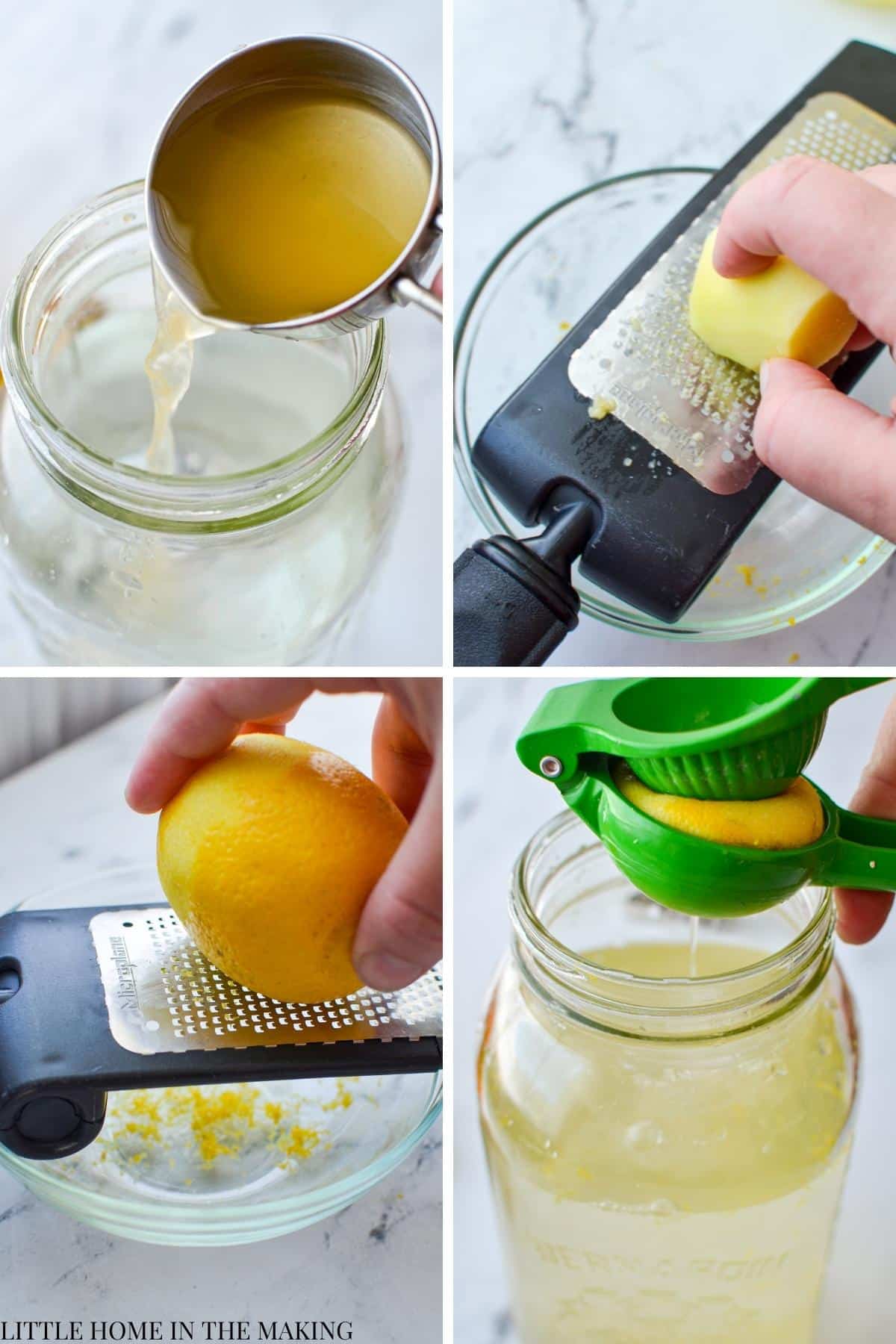 Adding ACV, ginger, and lemon to a large jar of water.