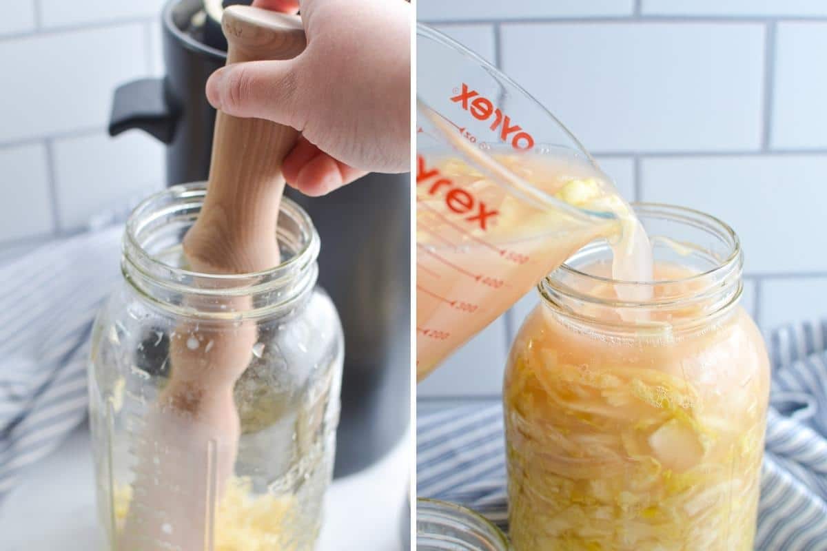 Pounding sauerkraut into a jar and topping it off with fermentation brine.