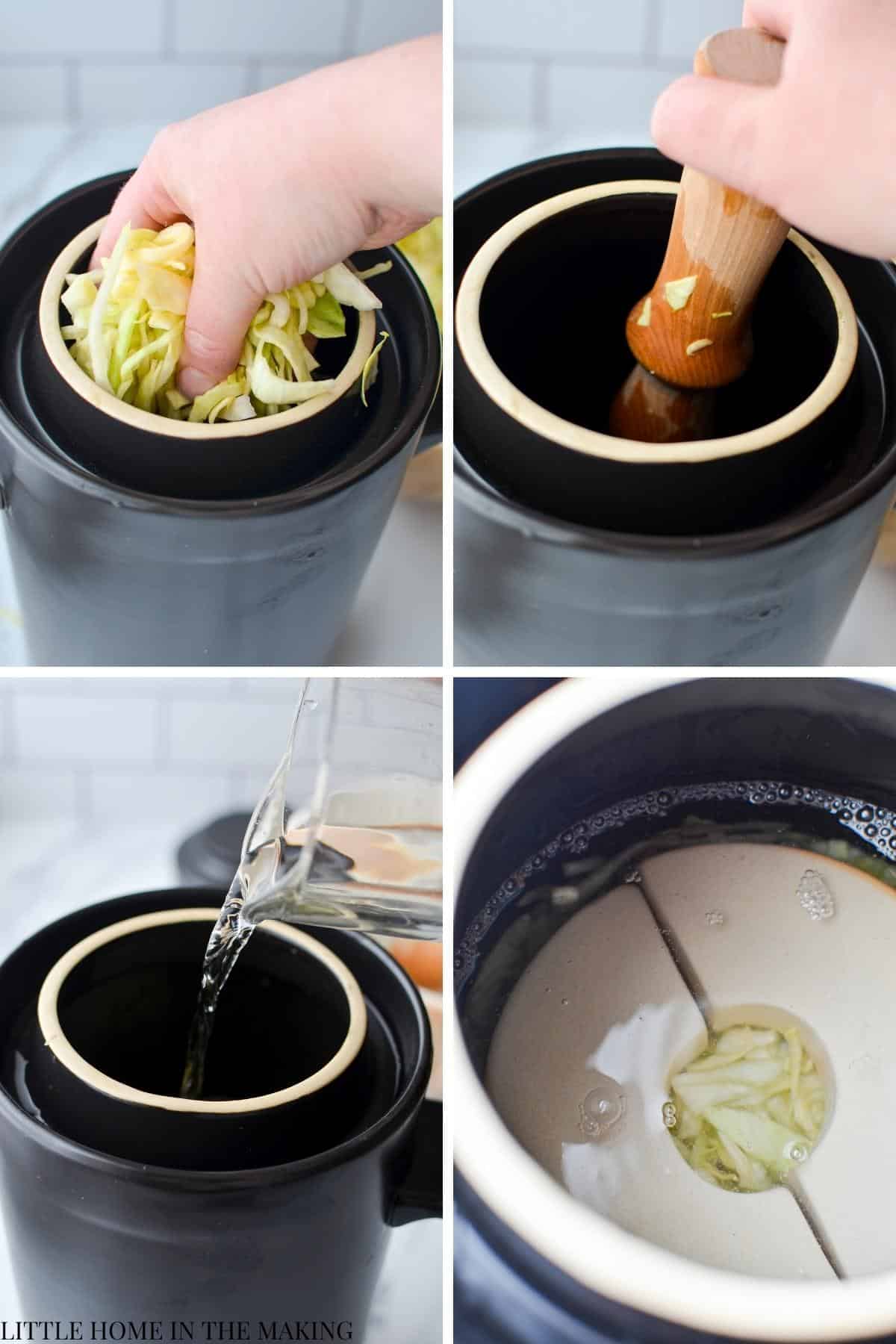 Adding cabbage to a crock and weighing it down for fermentation.