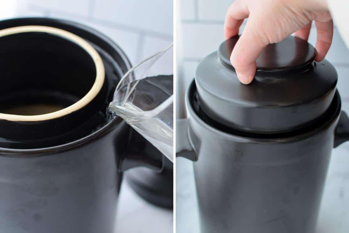 Filling the fermentation crock edges with water and adding a lid - this forms a seal.