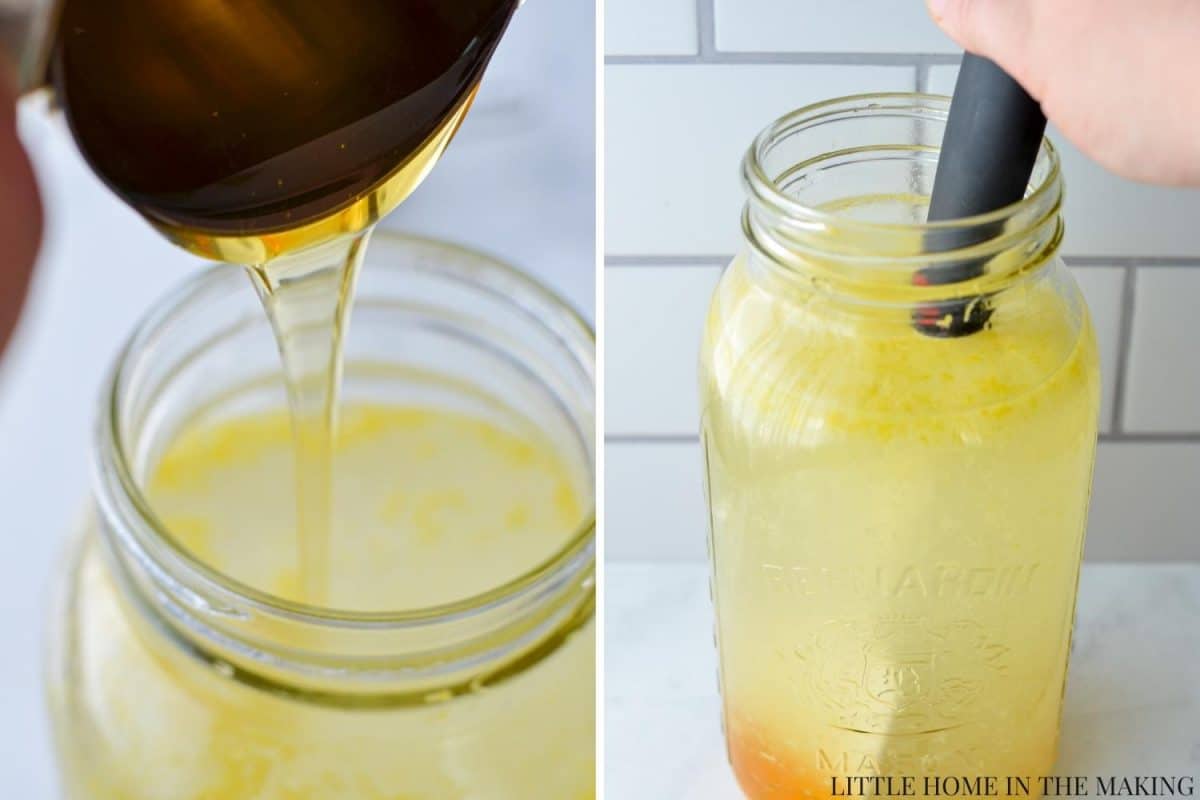Adding honey to a lemon and ginger beverage.