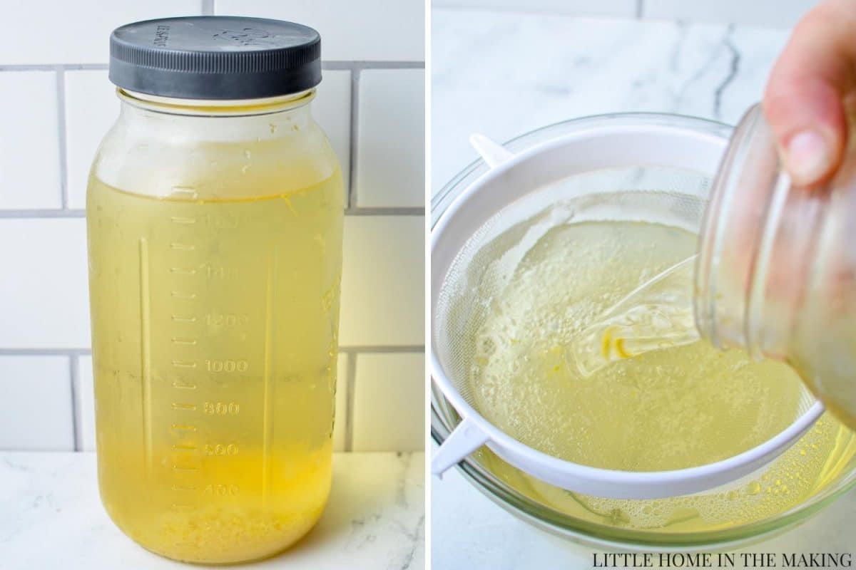 Straining off ginger and lemon pulp from a fermented beverage.