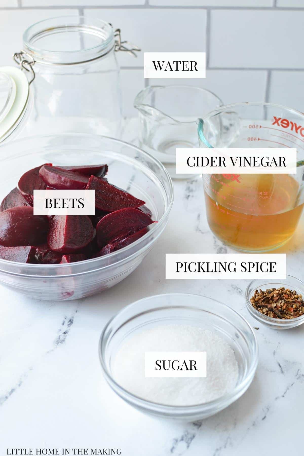 The ingredients needed to make refrigerator pickled beets.