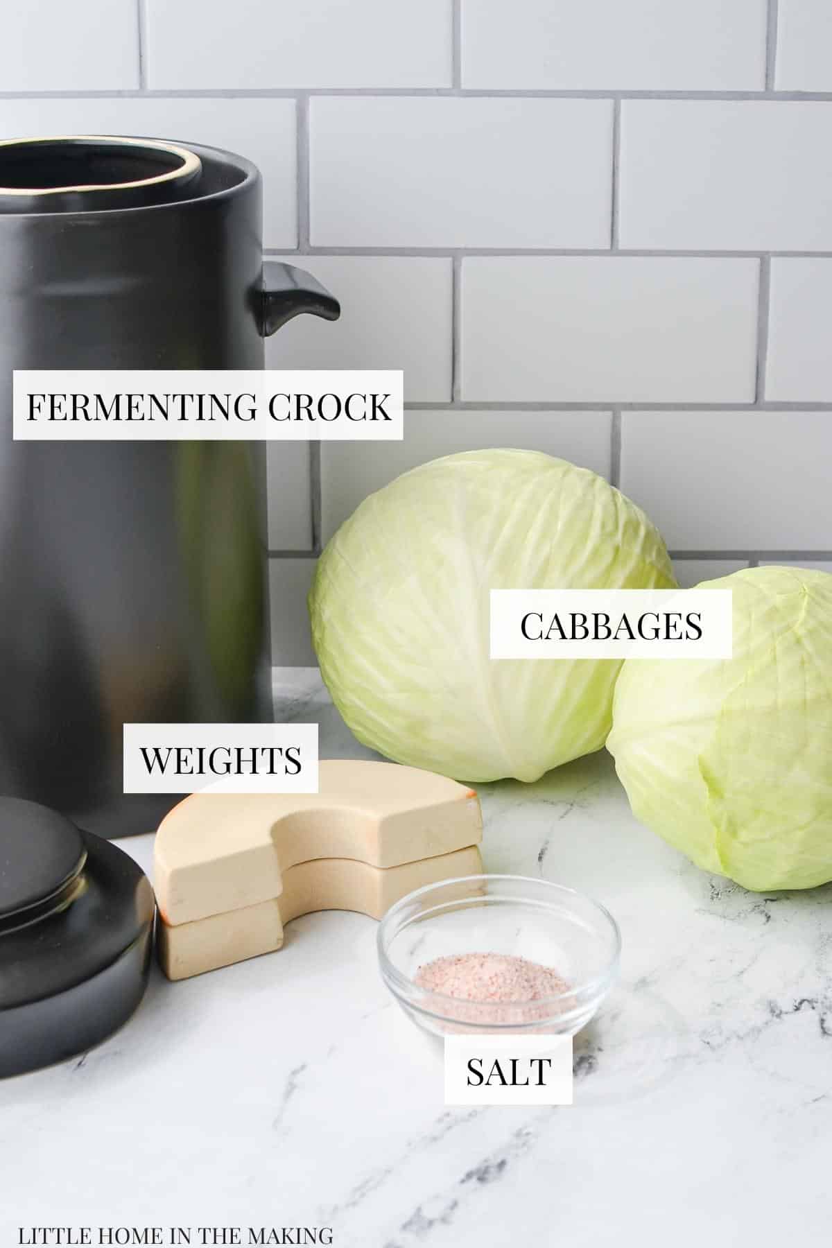 The needed ingredients and equipment to make sauerkraut in a crock.