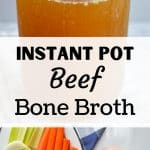 The ingredients needed to make beef bone broth: veggies, salt, ACV, and beef bones.