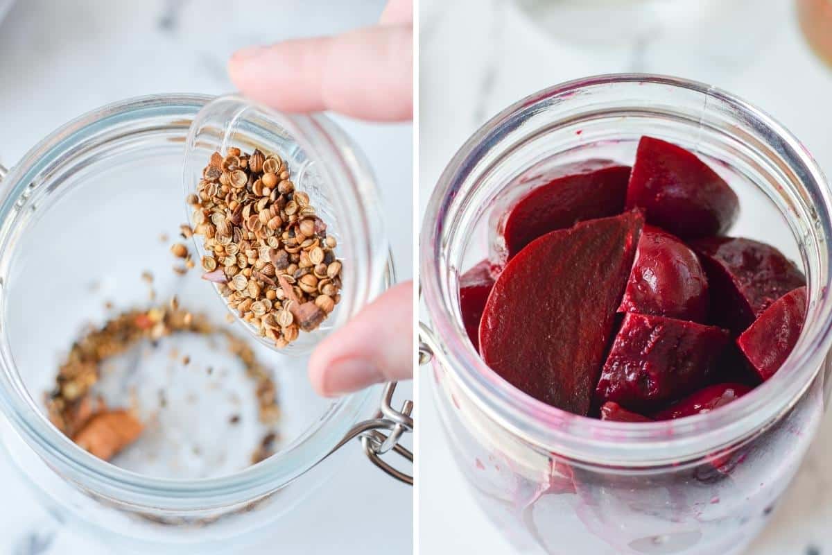 Adding spices to a jar.