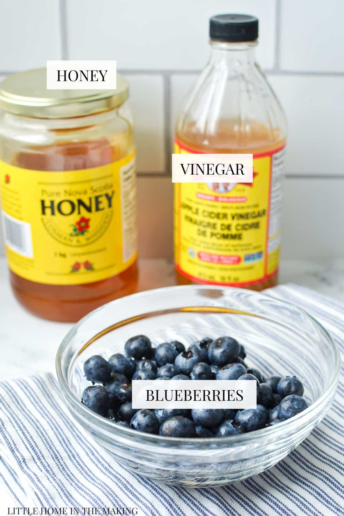 The ingredients needed to make a shrub - blueberries, apple cider vinegar, and honey.