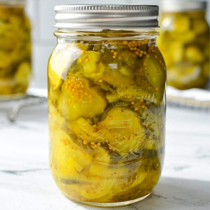 A jar of bread and butter pickles.