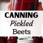 A jar of pickled beets being held.