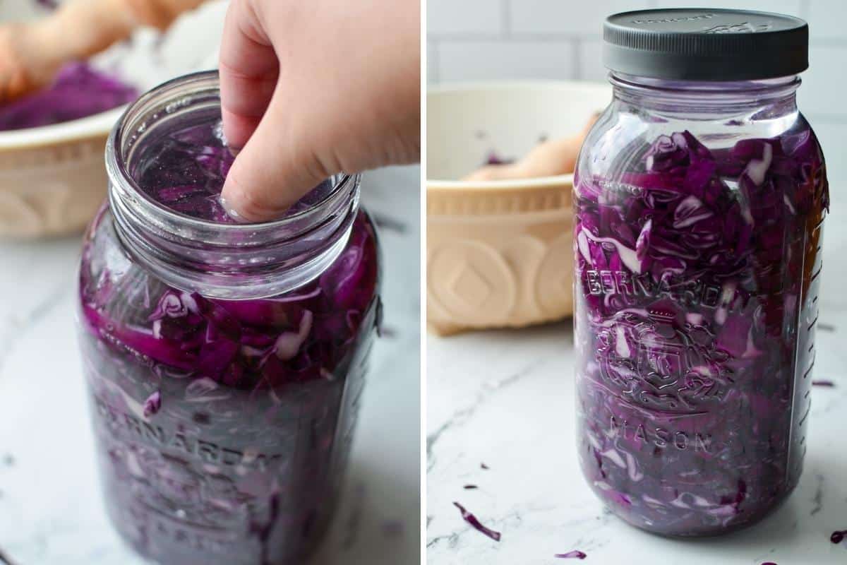 Adding weight to a jar of fermenting cabbage.