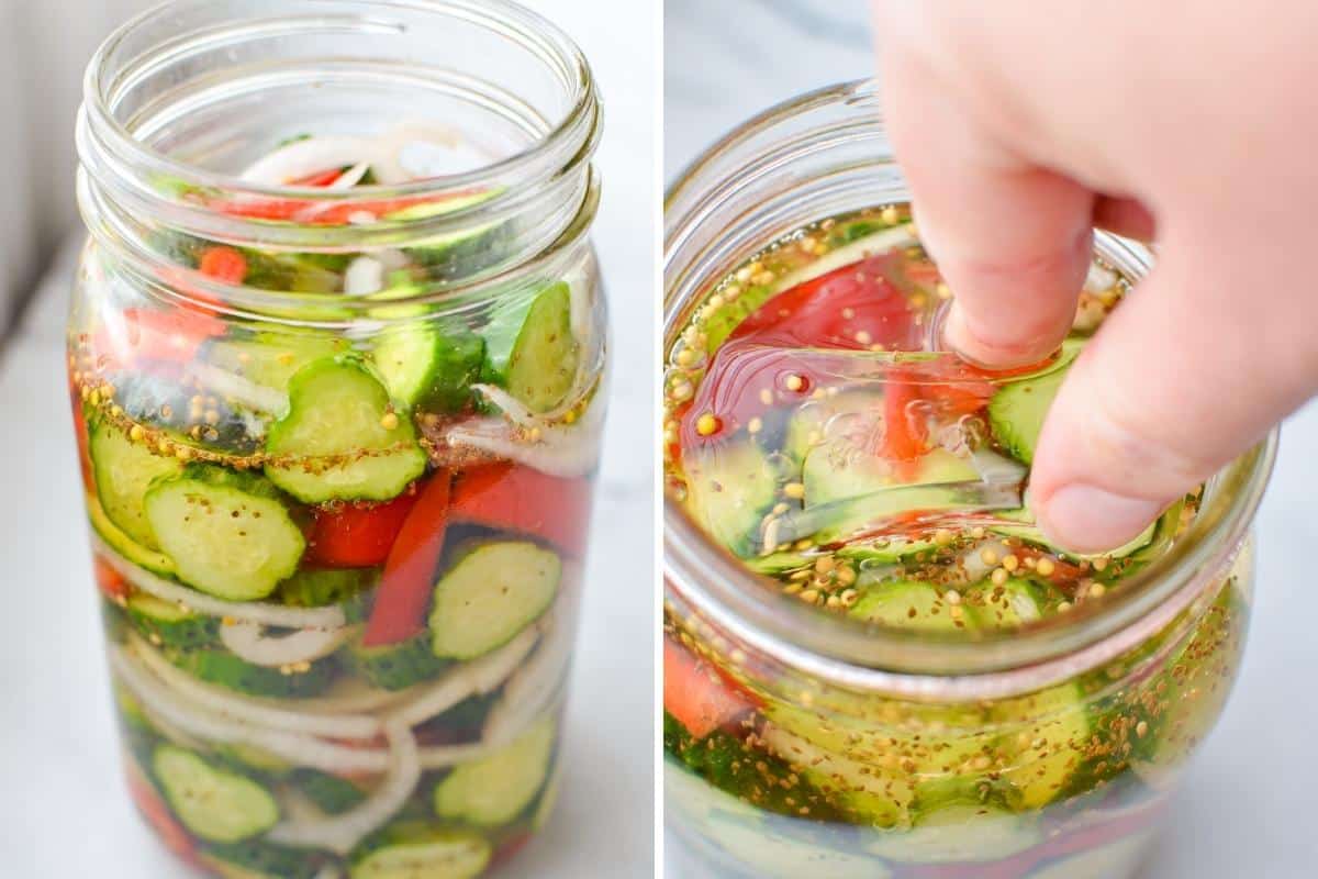 Submerging vegetables in a pickling brine.