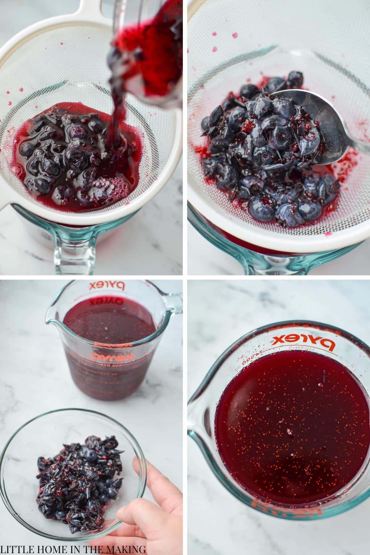 Straining blueberry shrub through a strainer, collecting the berries in the strainer.