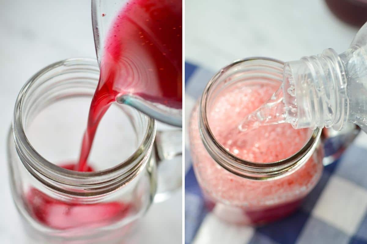 Pouring sparking water into a glass with homemade blueberry syrup.