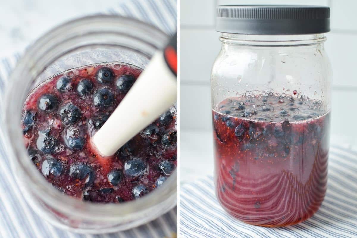 Mixing blueberries with honey and vinegar.