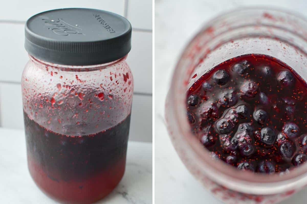 Blueberries floating in a mixture of honey and ACV.