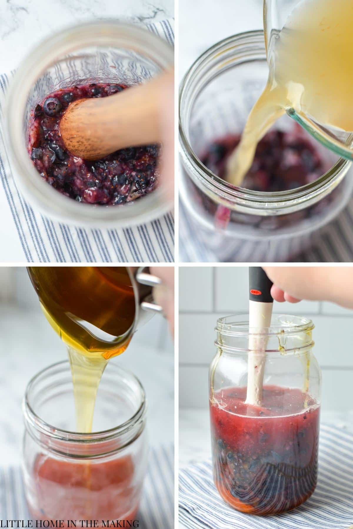 Adding vinegar and honey to macerated blueberries.