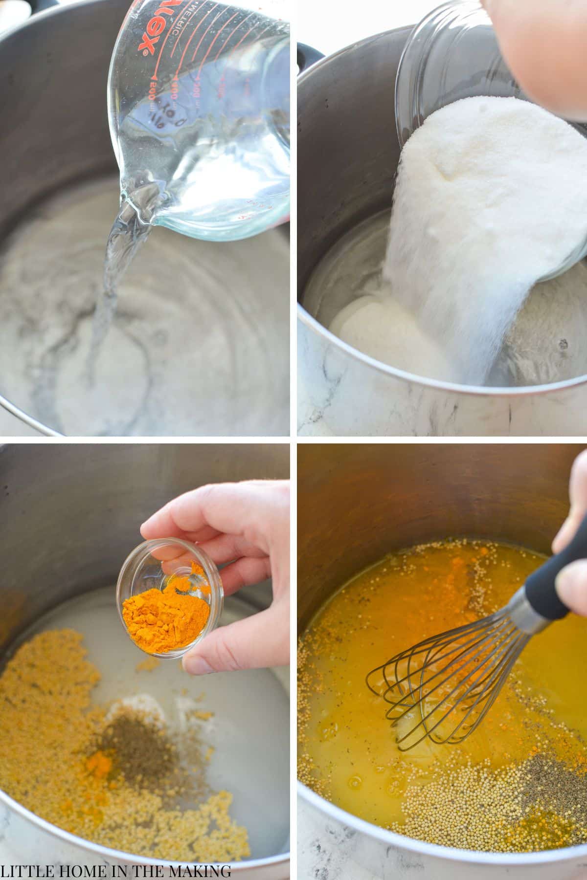 Adding vinegar, sugar, turmeric and spices to a pickling brine.