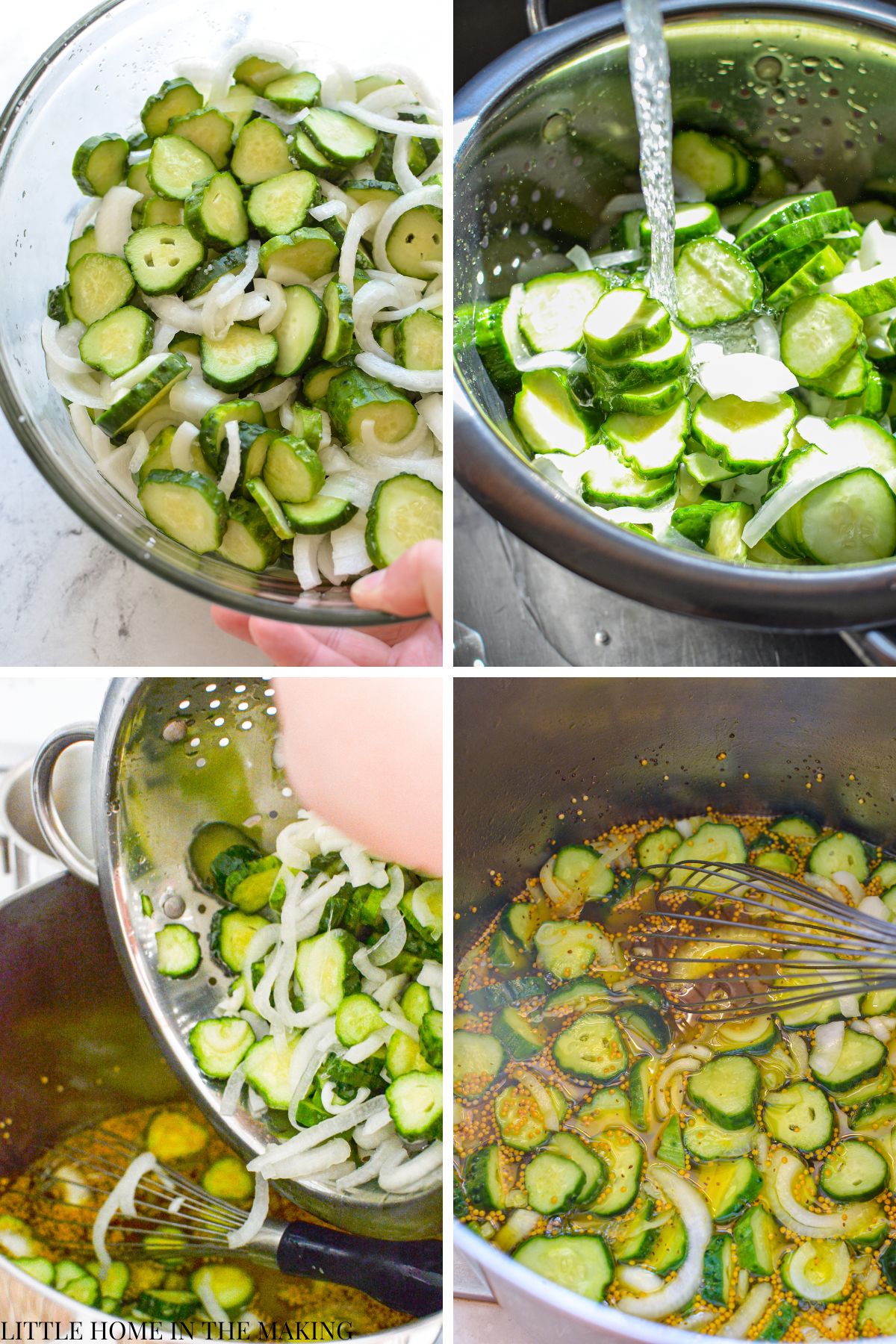 Rinsing cucumbers and onions in running water.