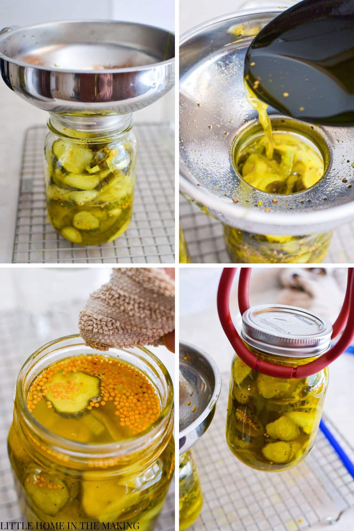 Adding pickles to a jar, then adding a lid and transferring.