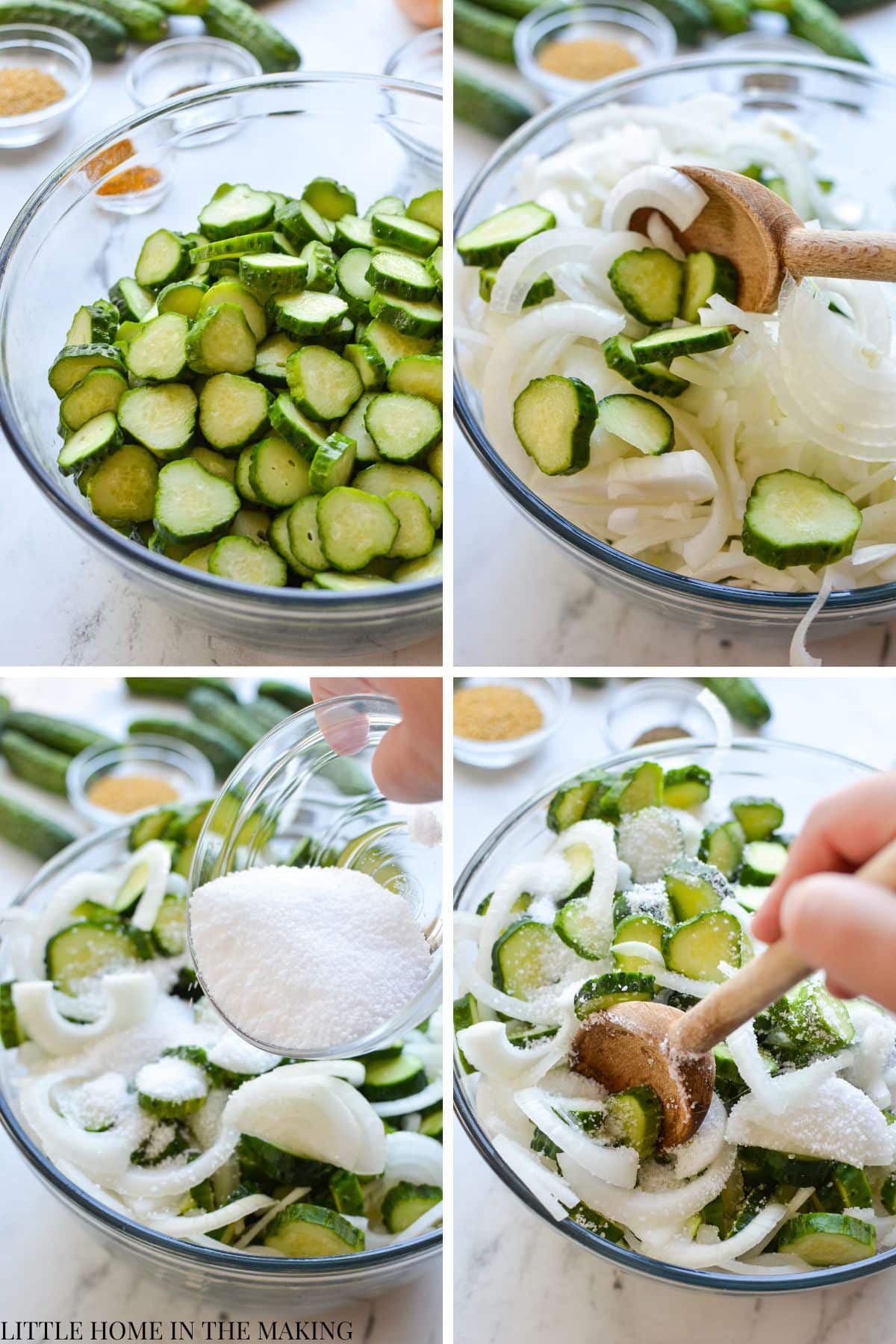 Stirring cucumbers and onions together with canning salt.