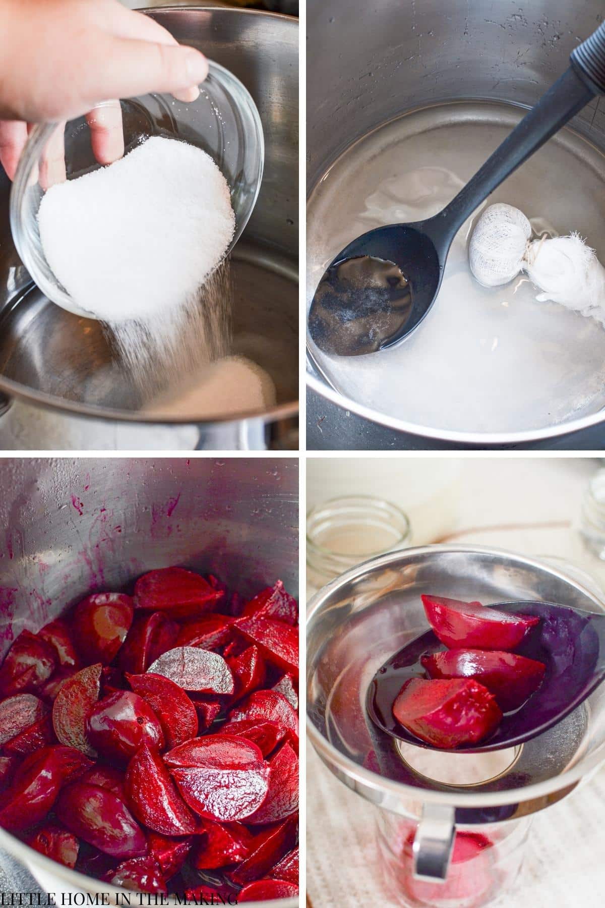 Adding sugar to a pot, then adding beets to the brine.