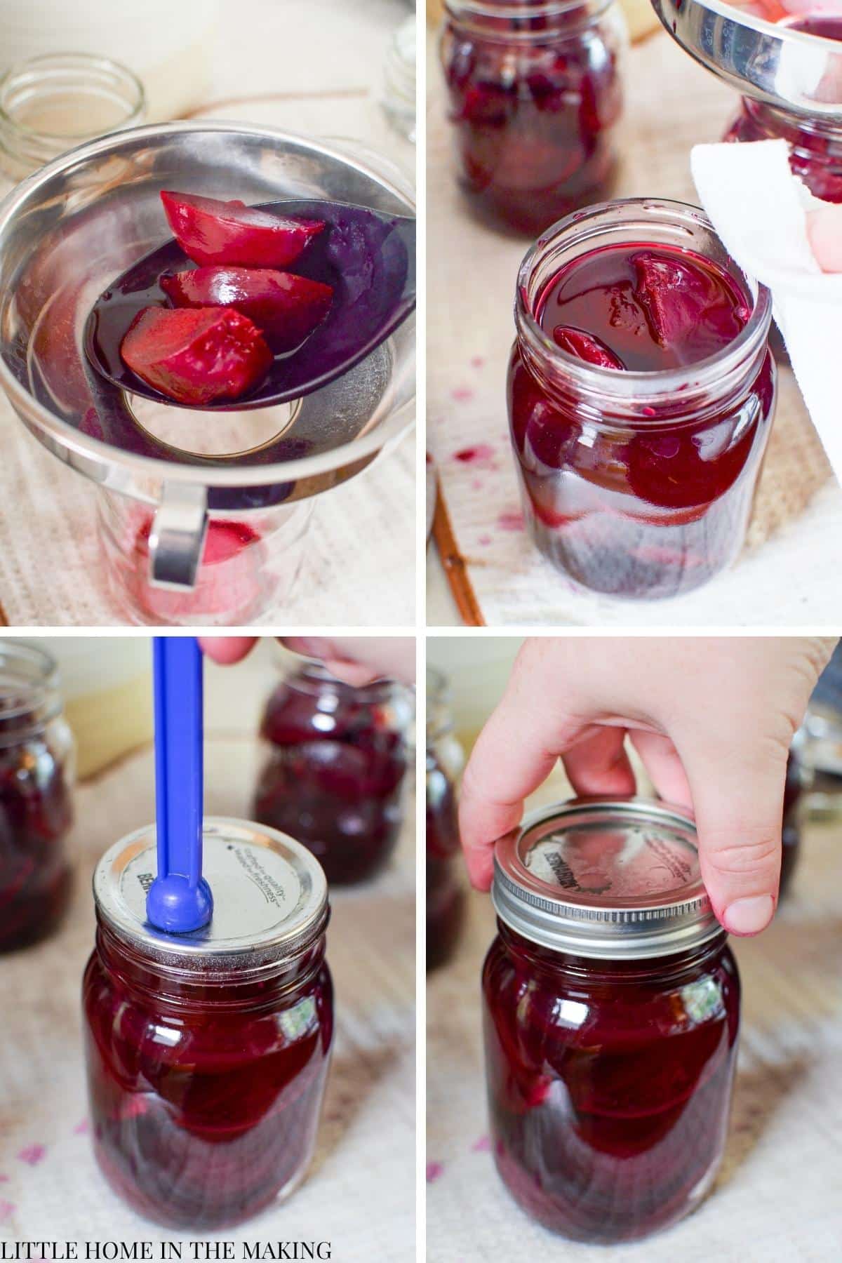 Adding the lid and ring to a canning jar.