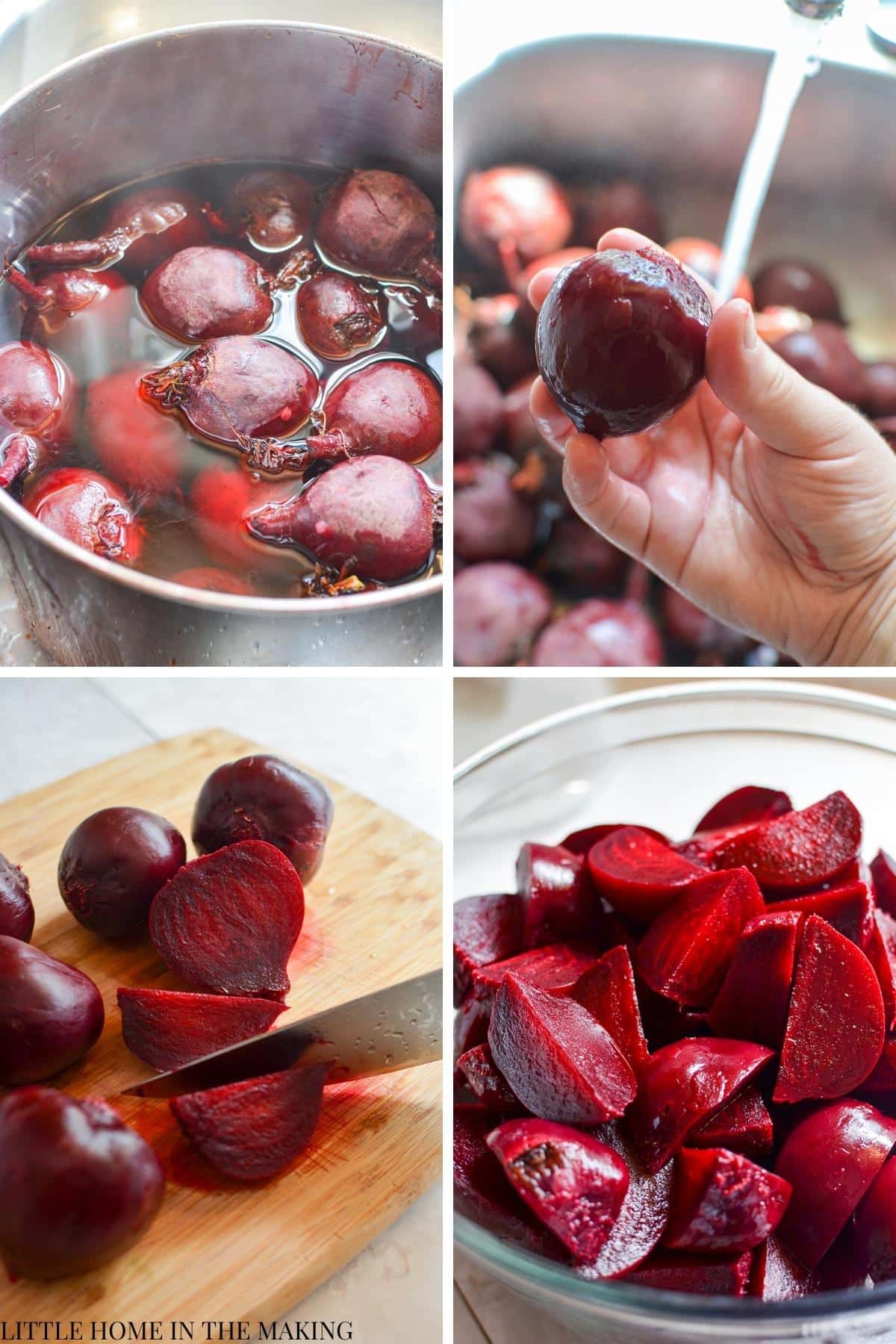 Cooking, peeling and chopping beets for adding to pickles and canning recipes.