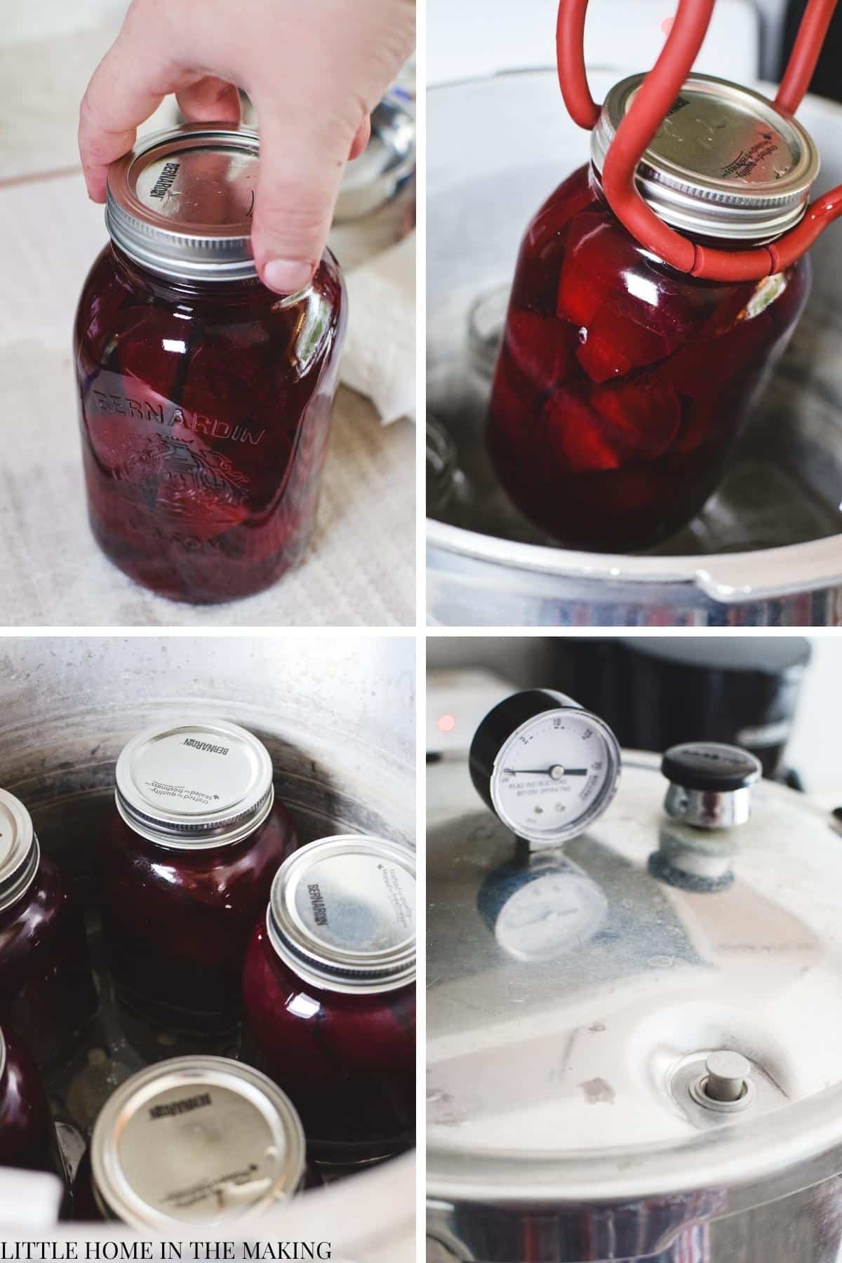 Adding a quart jar of beets to a pressure canner.