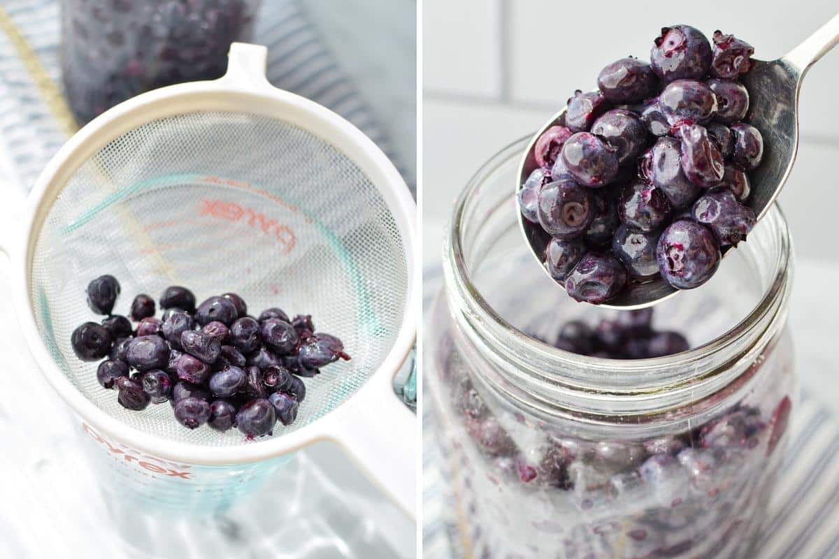 Straining blueberries after fermentation.