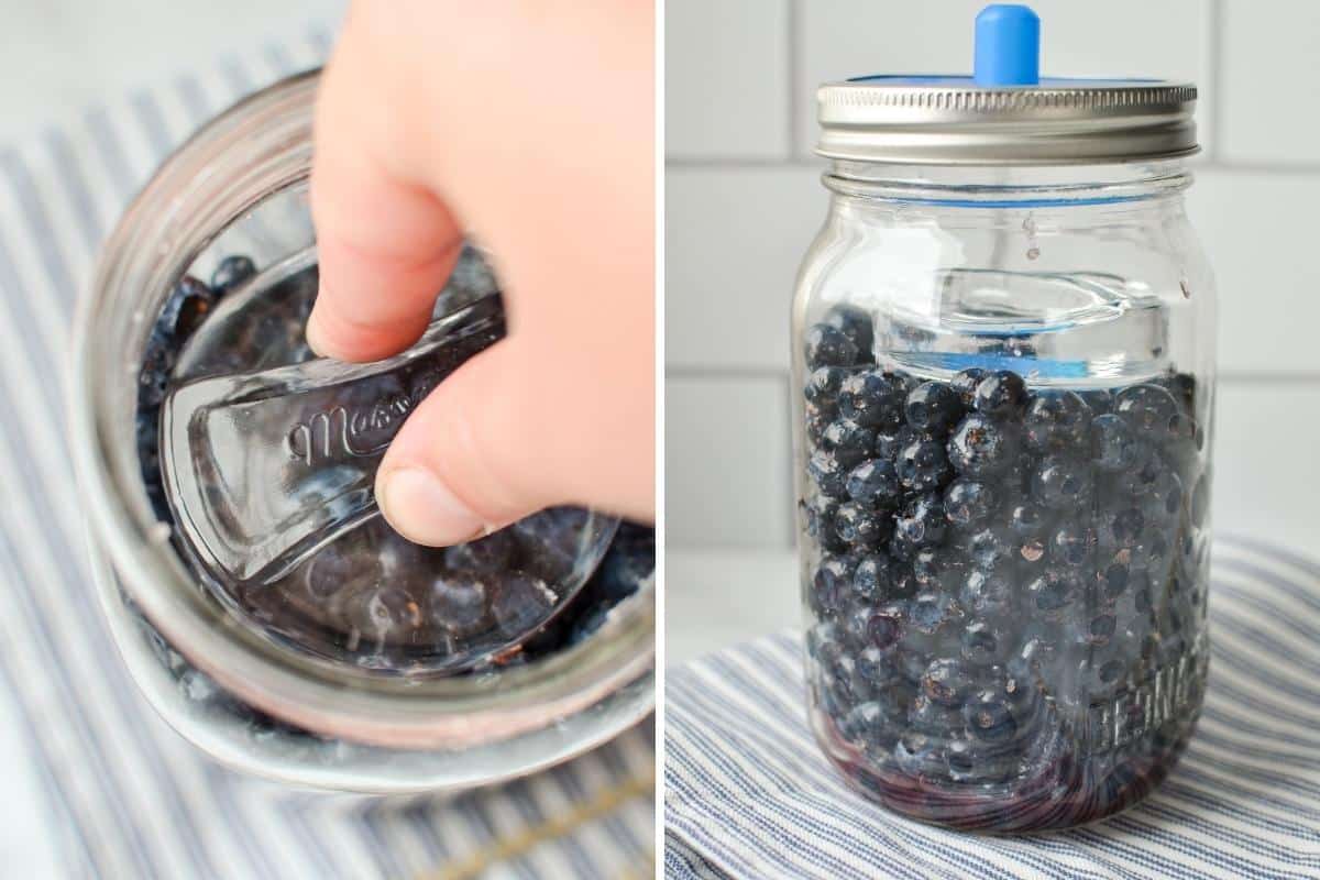 Adding a fermentation weight to blueberries.