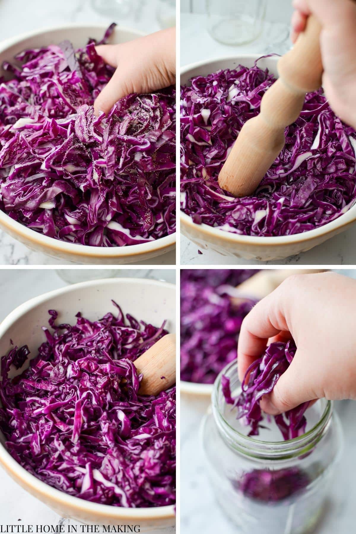 Massaging and pounding cabbage to release juices.