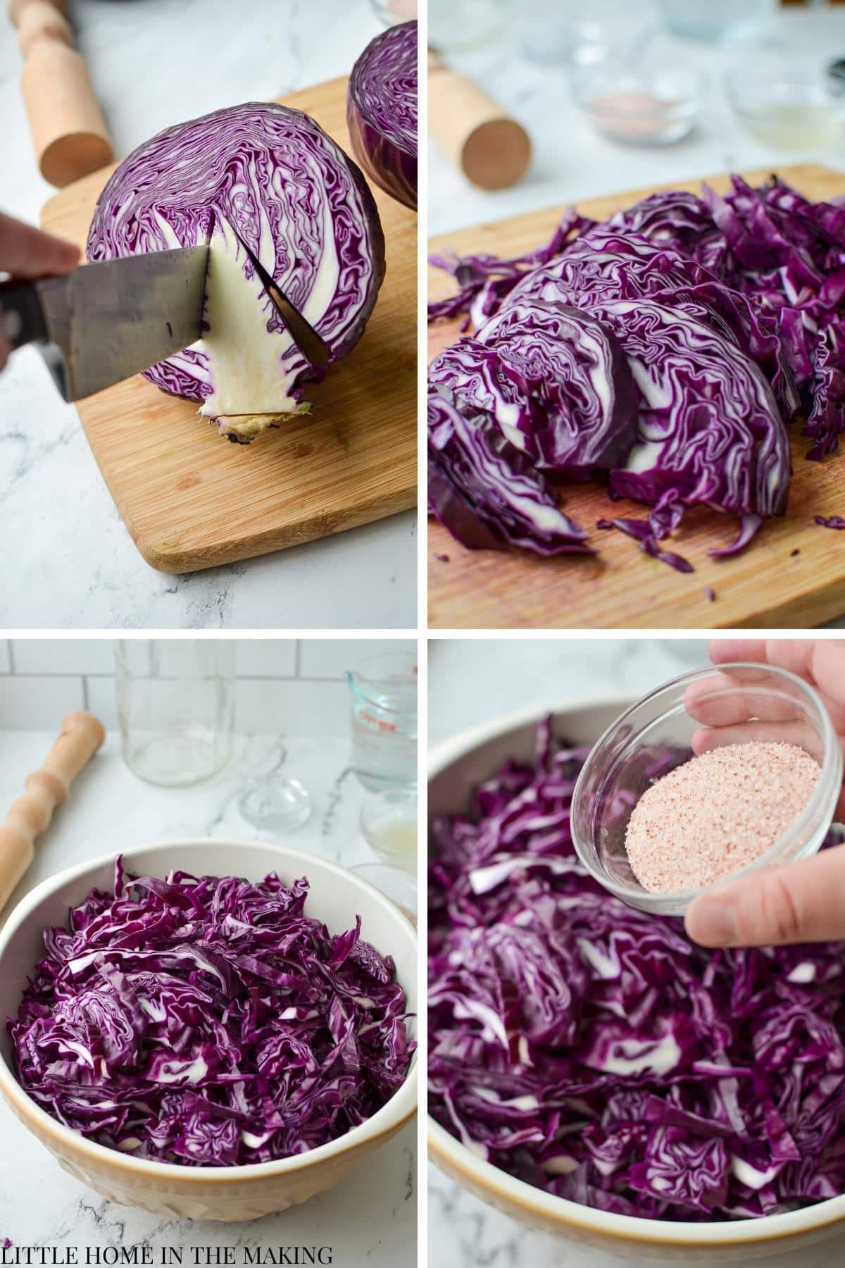 Shredding cabbage and adding salt to it.