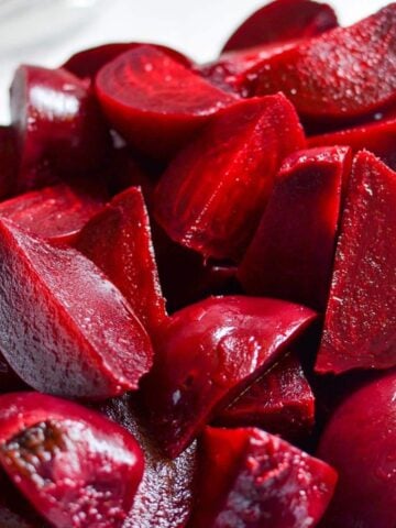 A bowl full of chopped beets.