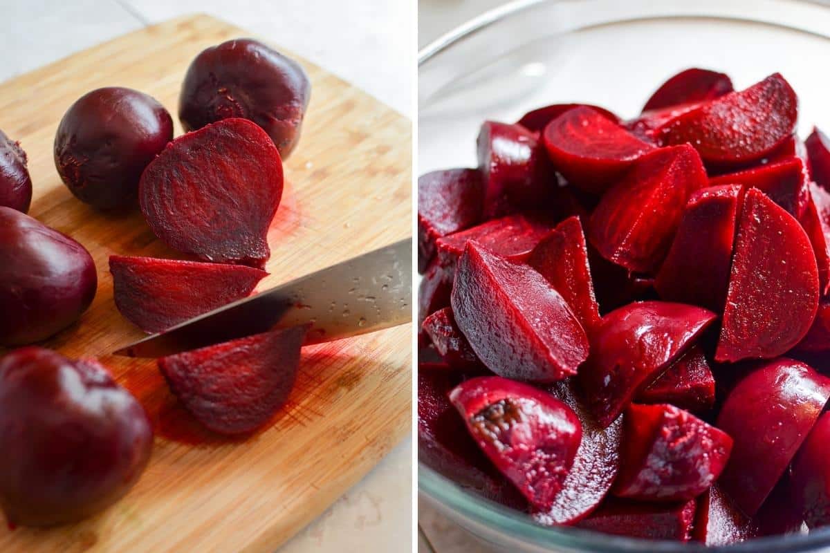 Chopping beets and adding them to a bowl.