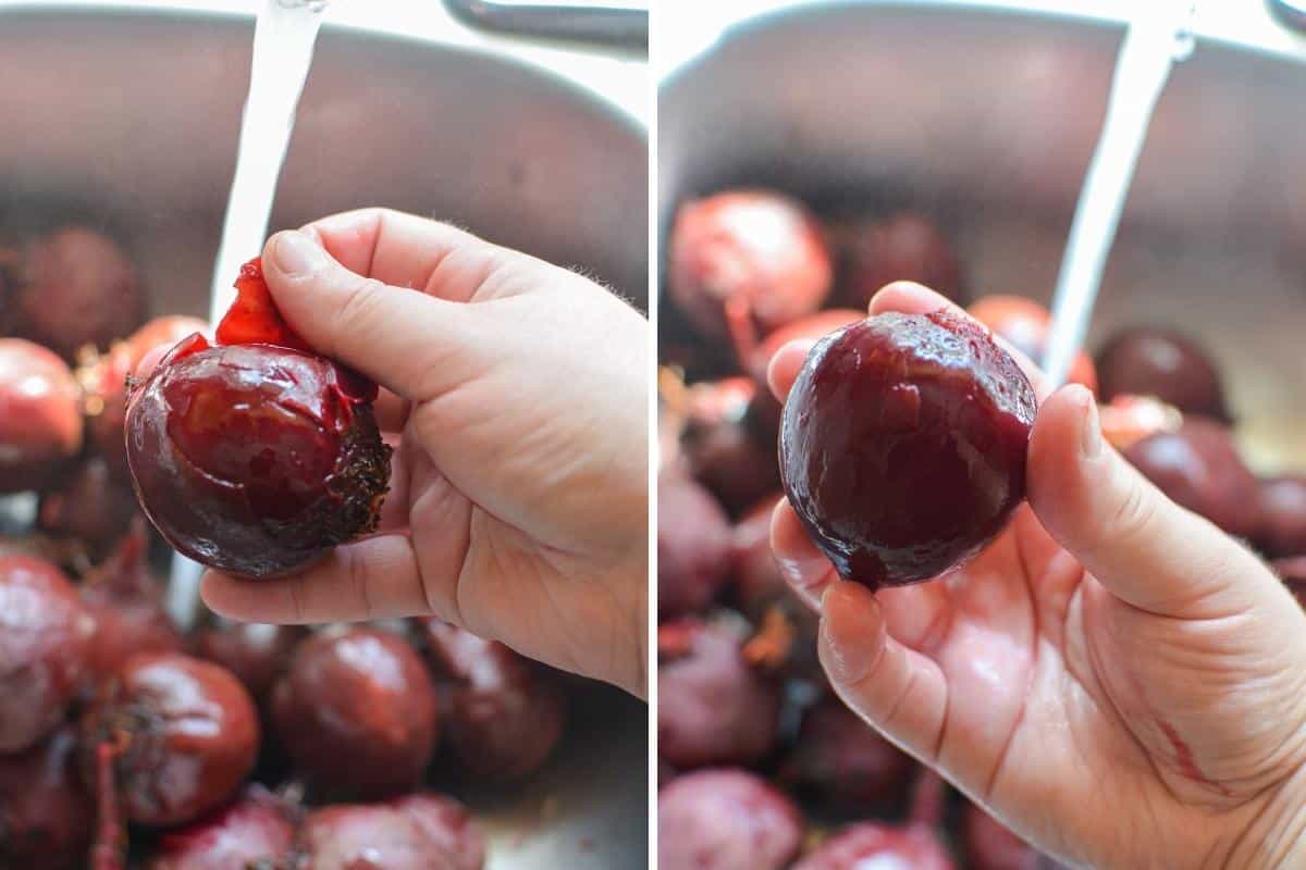 Peeling a cooked beet under cold water.