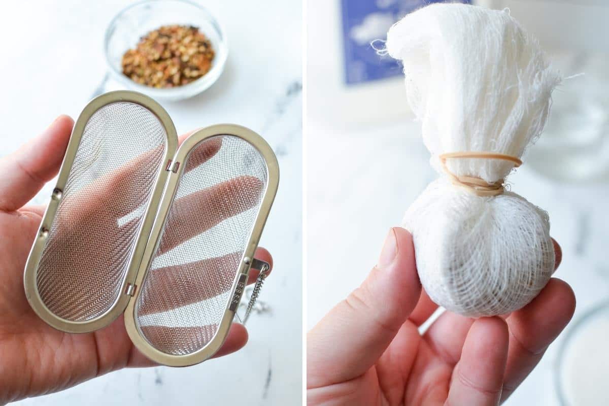 Showing both a metal spice infuser and a spice bag made with cheesecloth and a rubber band.