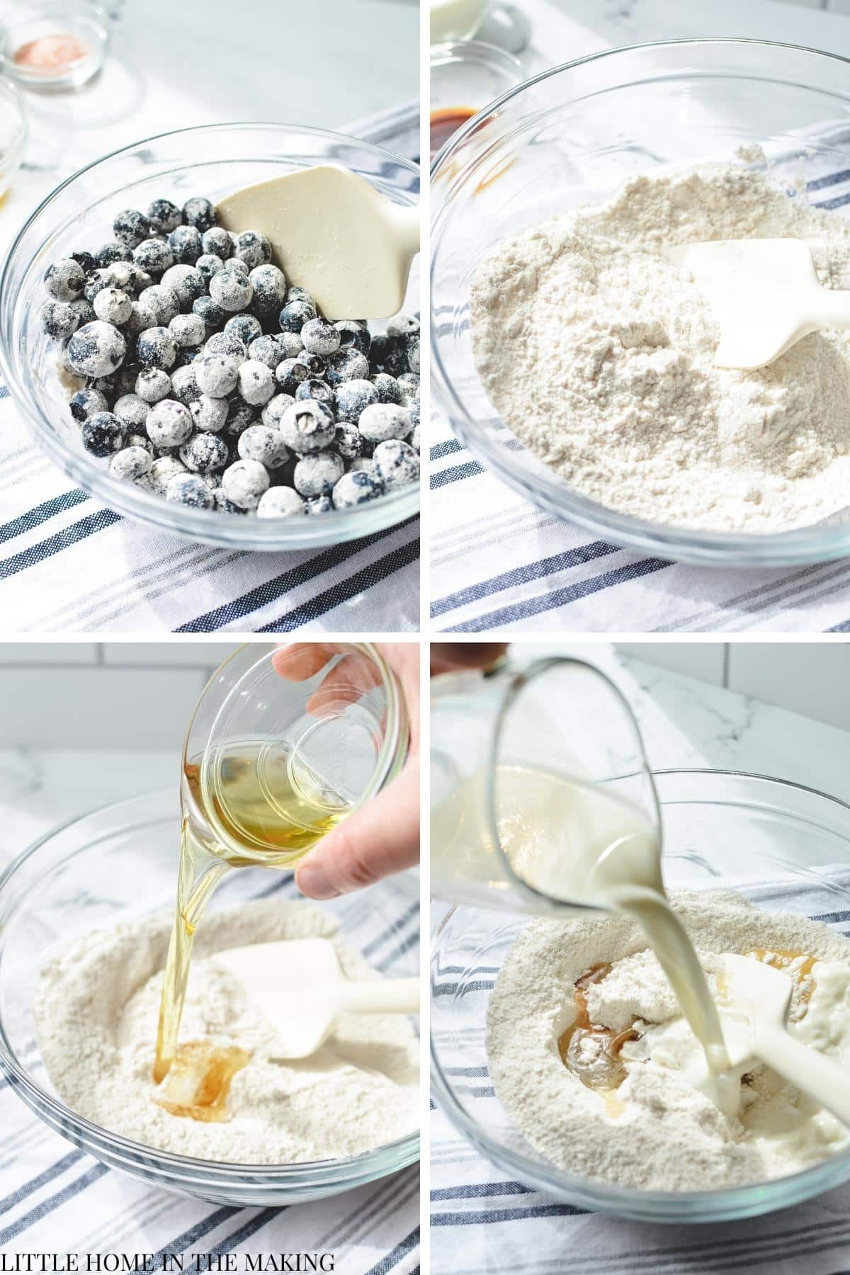 Making a quick bread batter by stirring wet ingredients into dry ingredients.